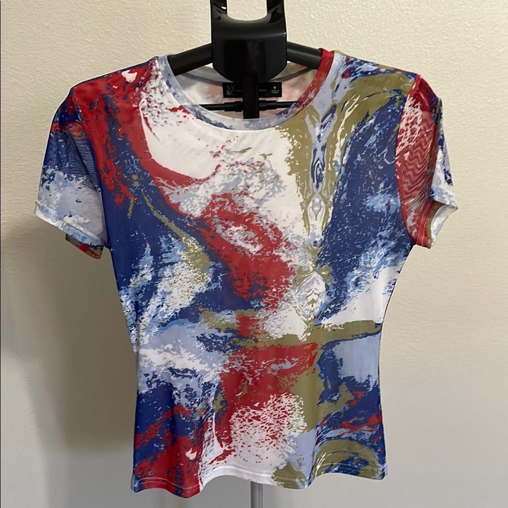 NY&Co. Red and Blue Crop Fitted T-Shirt